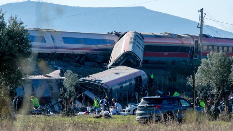 Wreckage of a high-speed train derailment near Santiago de Compostela, Spain