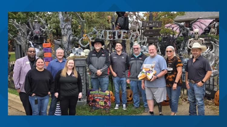A spooky Halloween display featuring tombstones and decorations in Harker Heights.