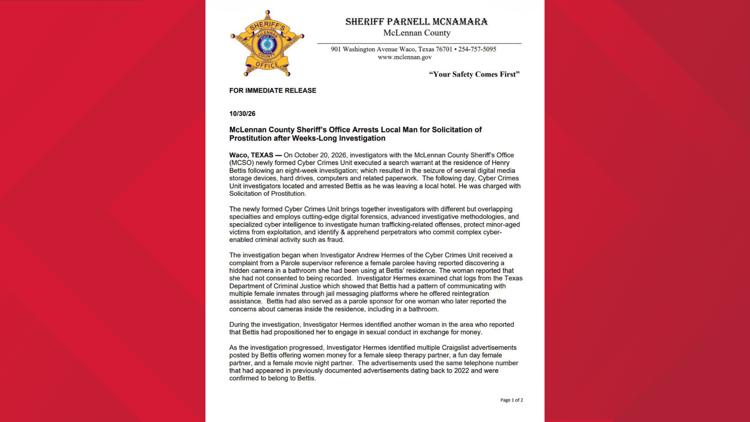 McLennan County deputies arrest man on prostitution solicitation charge — KCEN (Central Texas)